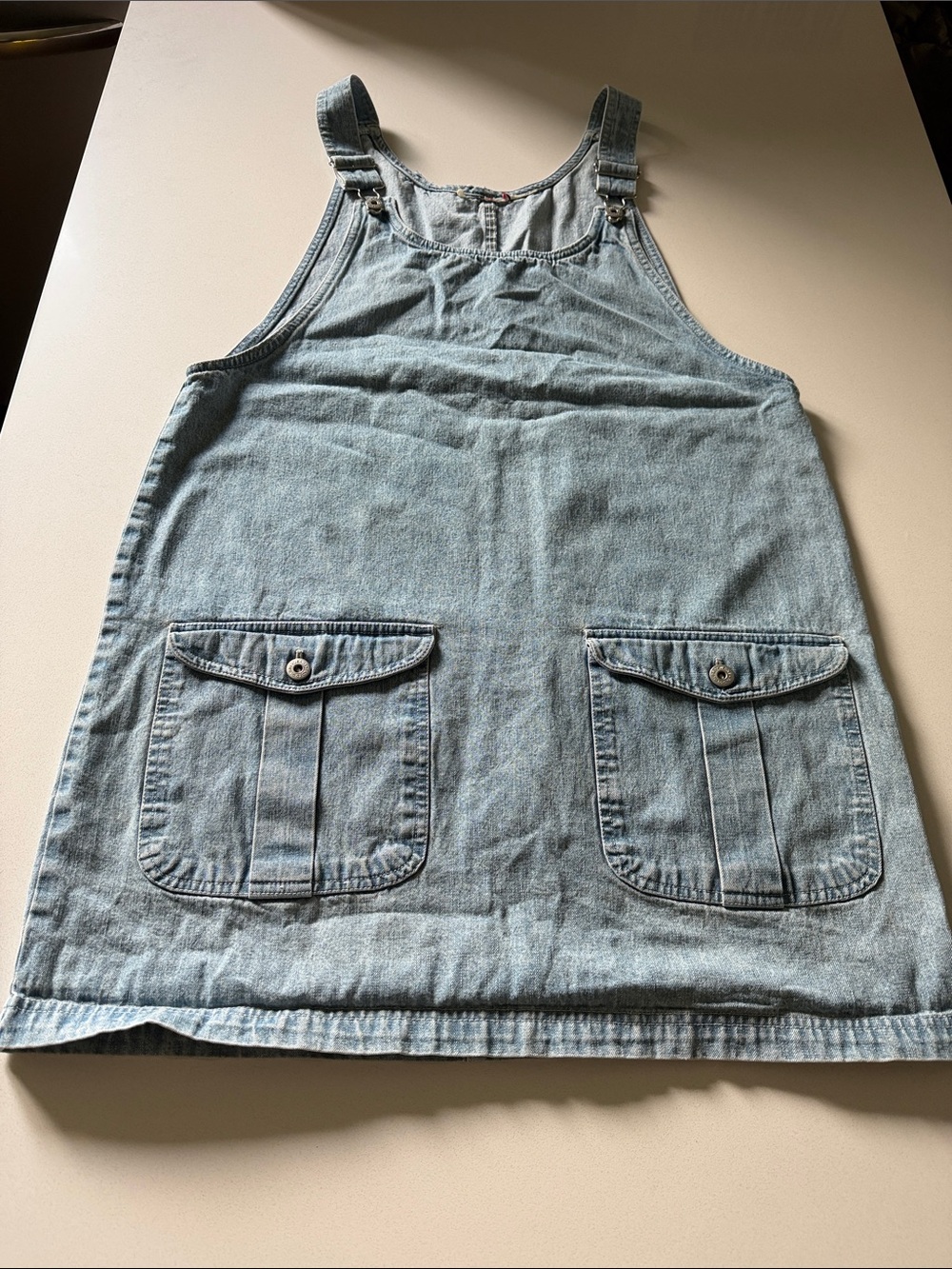 Faded Glory Light Blue Denim Pinafore Dress with Front Flap Pockets